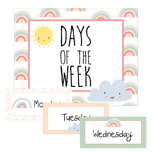 Days of the week chart with colorful rainbow and cloud designs on a rainbow background