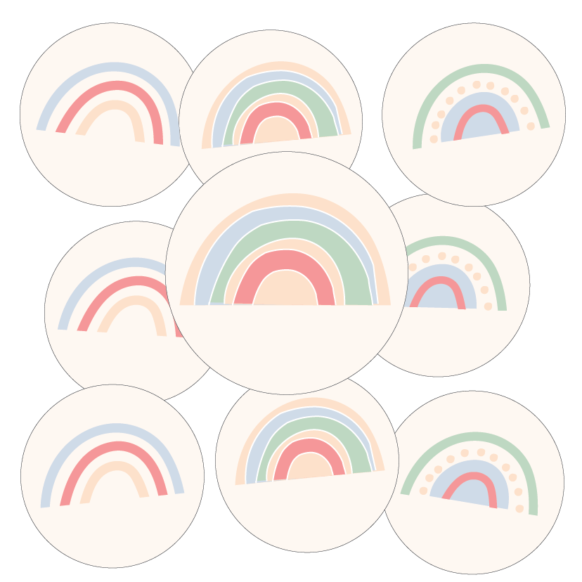 Set of round stickers with colorful rainbows on a white background
