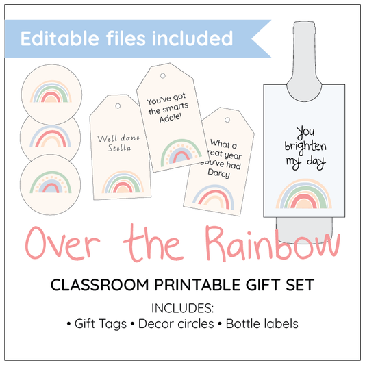 Classroom printable gift set with rainbow-themed tags and circles on a white background.