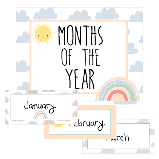 Educational poster with months of the year labels on a colourful background with rainbows and clouds