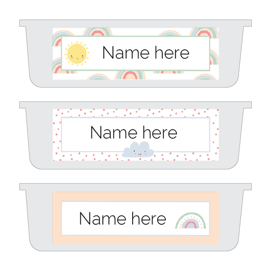 Three name labels with colorful designs and 'Name here' text on a white background.
