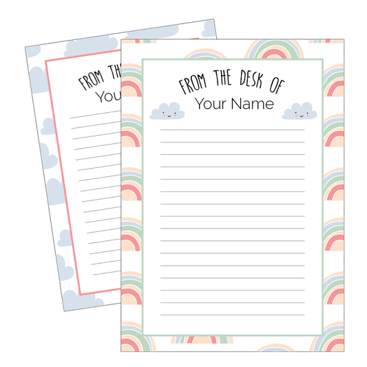 Two stationery note paper sheets with rainbow and cloud designs on a white background