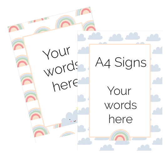 Two A4 signs with rainbow and cloud design on a white background