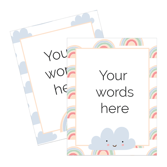 Two decorative cards with rainbow and cloud designs on a white background