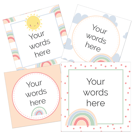 Four customisable cards with sun, rainbow, and cloud designs on a white background.