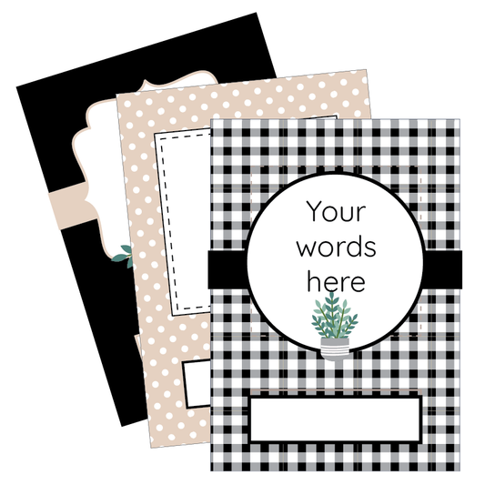 Decorative editable binder book covers with polka dot, checkered, and plant designs.