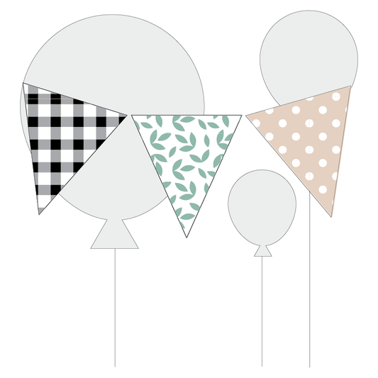Decorative bunting flags with various farmhouse inspired patterns on a white background