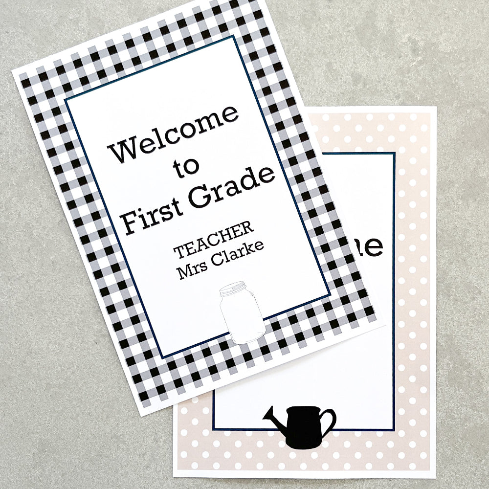 Educational posters with 'Welcome to First Grade' text and a teacher's name on a checkered and polka dot background.