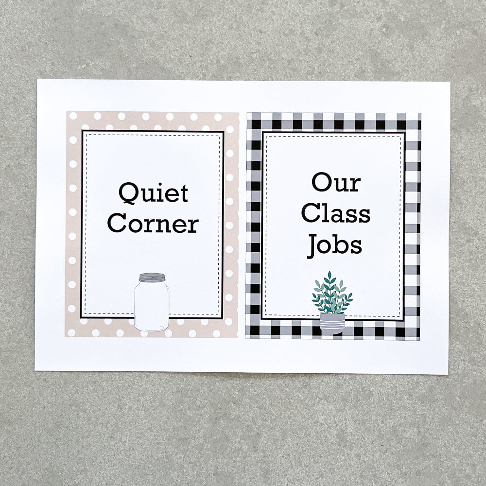 Two classroom signs on a grey background, one labeled 'Quiet Corner' and the other 'Our Class Jobs'.