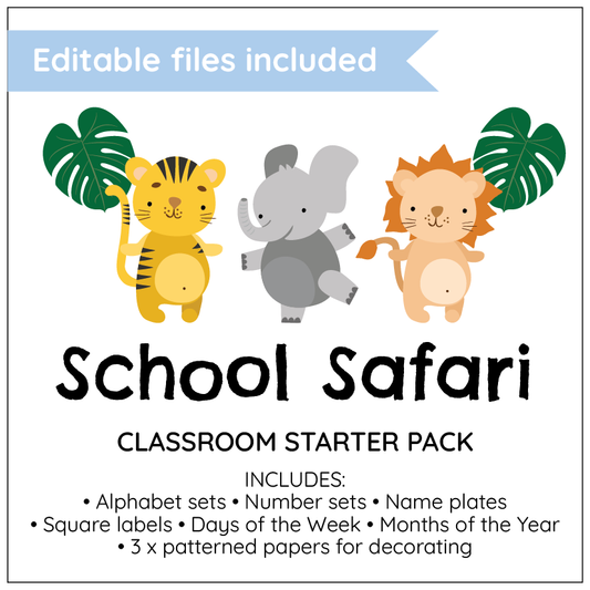 School Safari classroom starter pack with cartoon animals and text on a white background