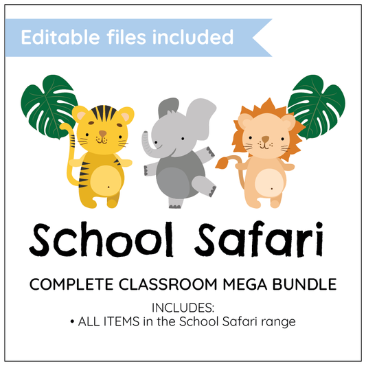 Promotional image for 'School Safari' classroom bundle with cartoon animals and text on a white background.