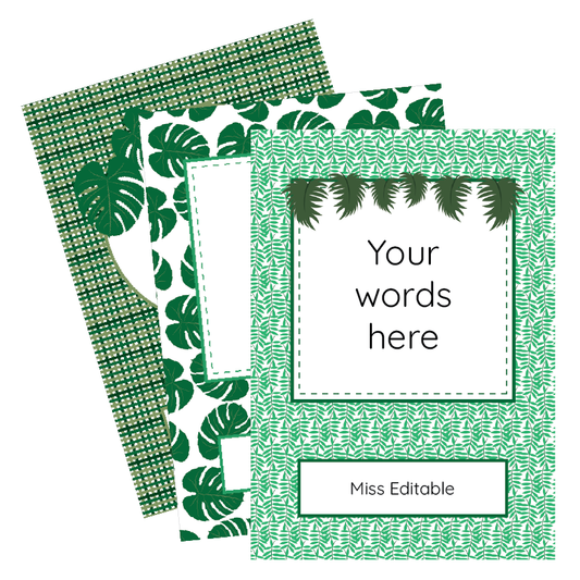 Notebook with green leaf pattern and customisable text area on a white background
