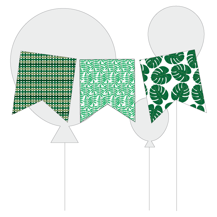 Three decorative bunting flags with green patterns on a white background