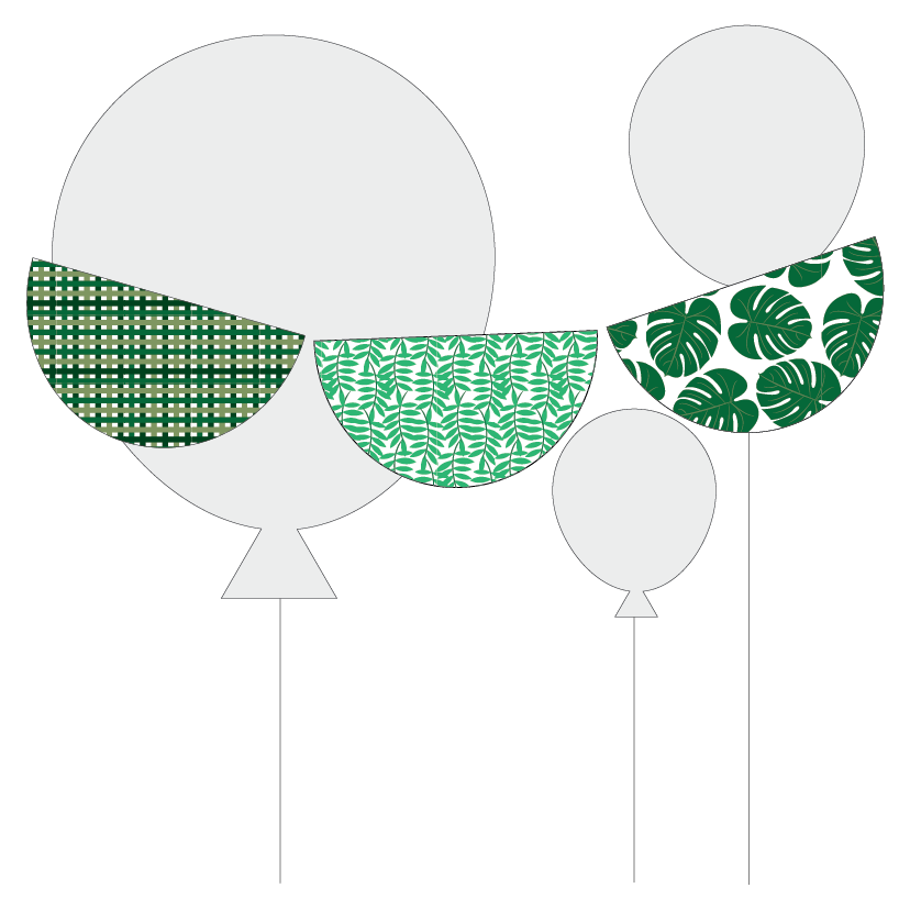 Three decorative scallop shape bunting flags with green patterns on a white background