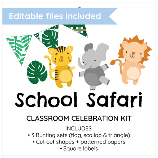 School Safari Classroom Celebration Kit with animals and bunting on a white background