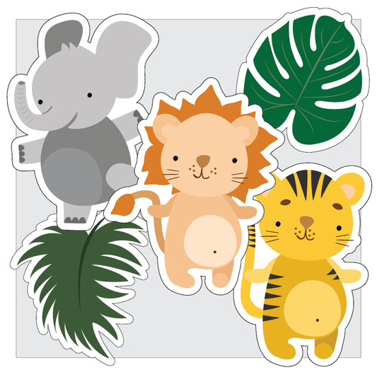 Set of cartoon animal bulletin board accents including an elephant, lion, and tiger with leaves on a light grey background.