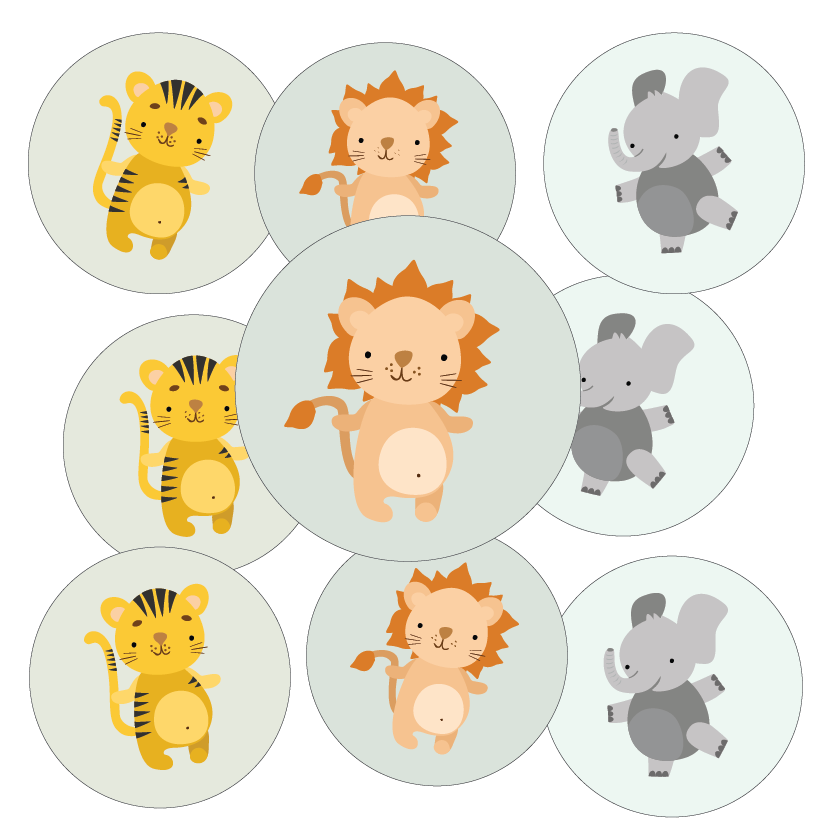 Set of animal-themed cut outs with tigers, lions, and elephants on a light green background.