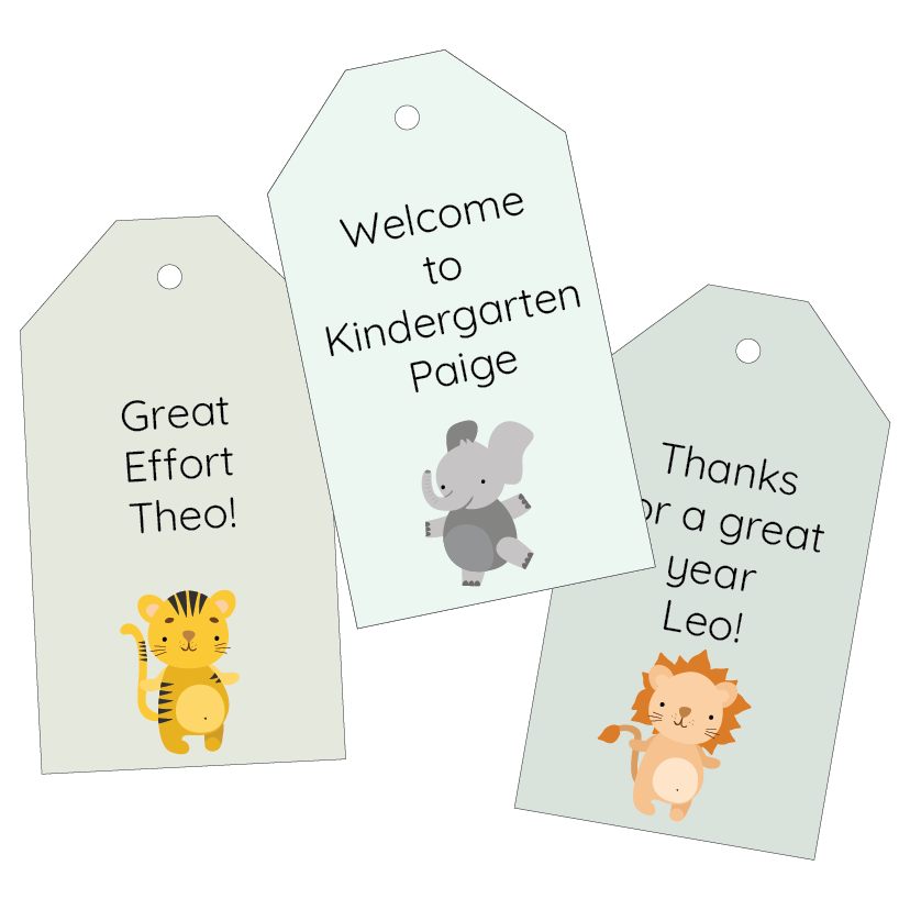 Three educational reward tags with safari animal illustrations and personalised text on a white background.