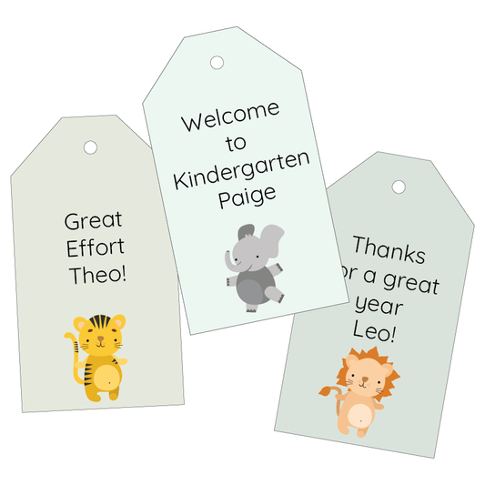 Three educational reward tags with safari animal illustrations and personalised text on a white background.