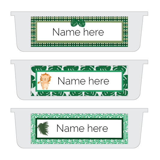 Three name labels with green leaf designs and 'Name here' text on a white background.