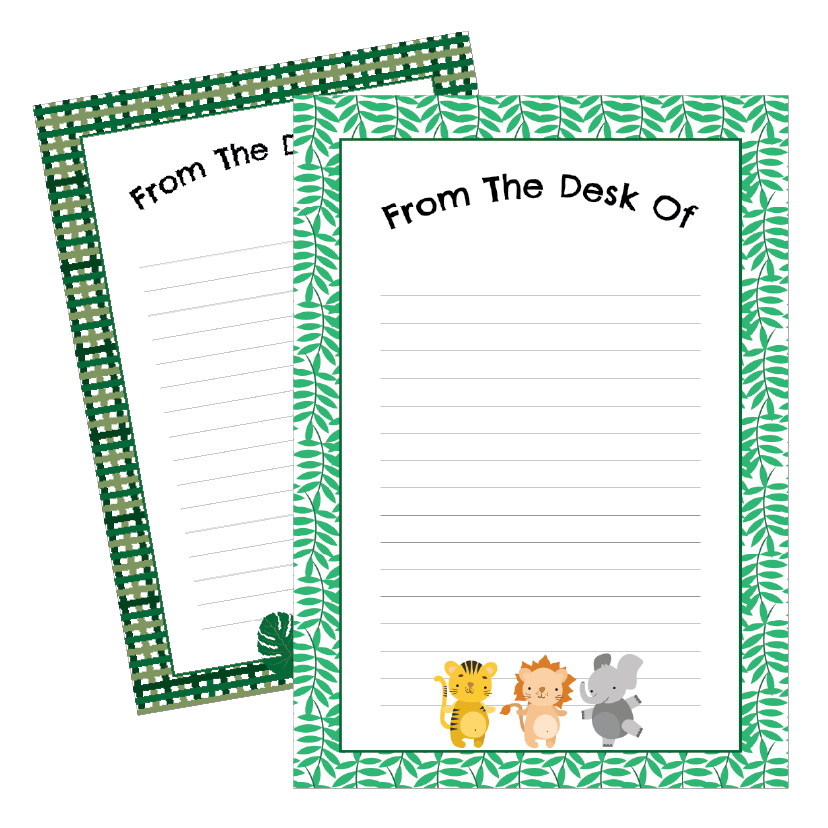 Two lined paper sheets with jungle-themed borders and animal illustrations on a white background.