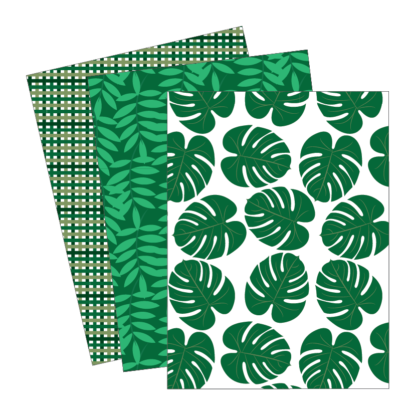 Three green patterned paper sheets with leaf designs on a white background