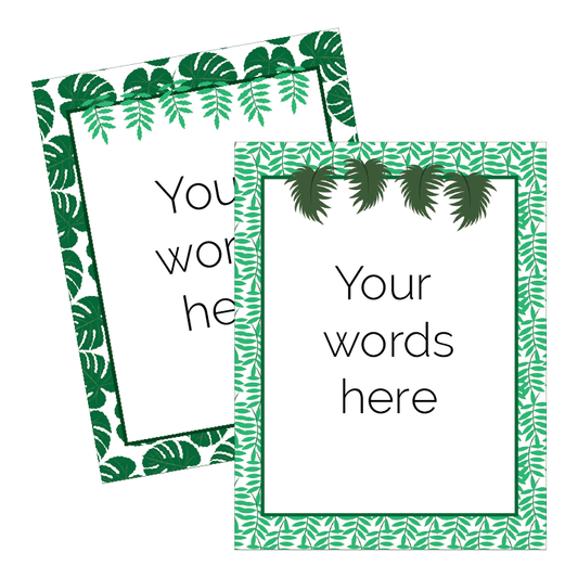 Two green leaf-patterned frames with text placeholder 'Your words here' on a white background