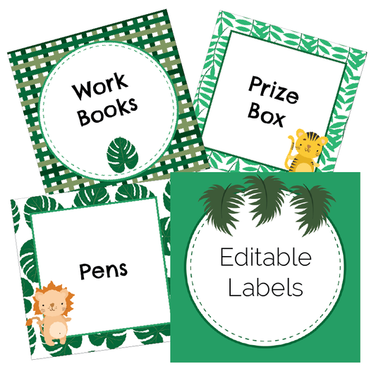 Set of educational labels with jungle-themed designs and text on a white background.