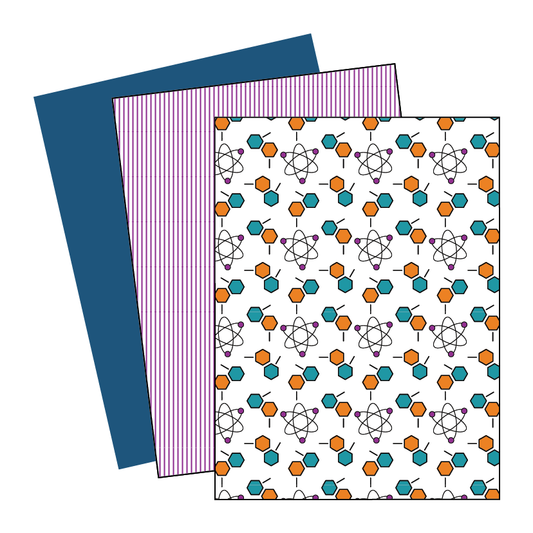 Three sheets of paper with different designs on a white background