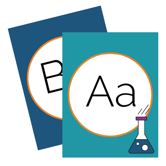 Two educational flashcards with letters 'B' and 'A' on a white background