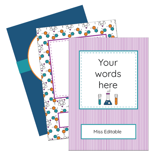 Decorative notebook cover with customisable text area and science-themed design.