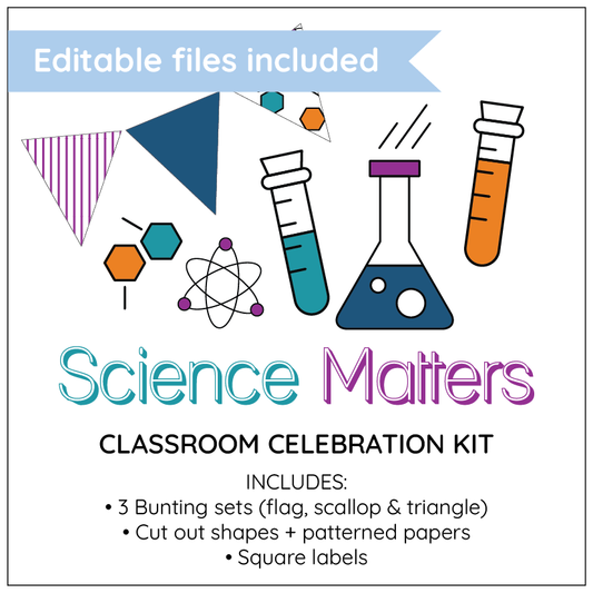 Promotional graphic for a 'Science Matters' classroom celebration kit with educational icons and text.
