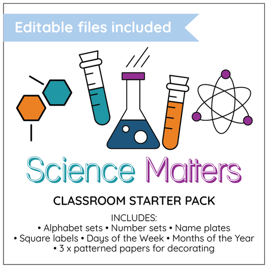 Science-themed classroom starter pack with editable files on a white background