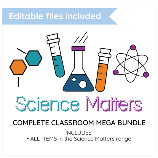 Promotional graphic for 'Science Matters' complete classroom mega bundle with scientific icons and text.