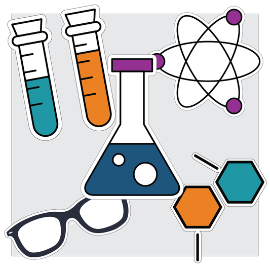 Science-themed icons including test tubes, atom model, and geometric shapes on a white background