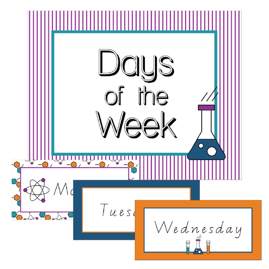 Educational posters with days of the week in science theme on a white background