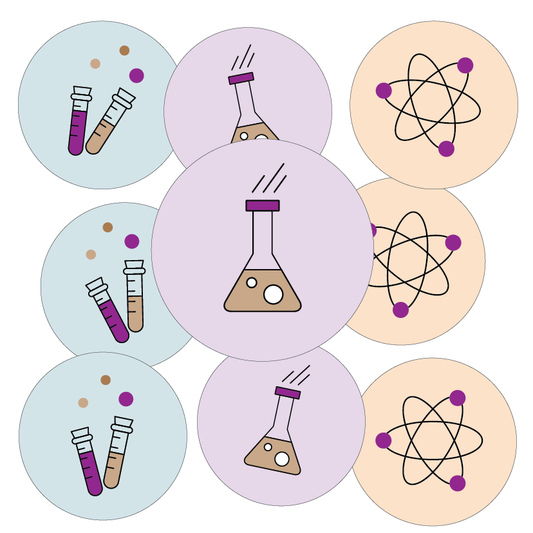 Set of circular stickers with scientific symbols including test tubes and atoms on a white background.