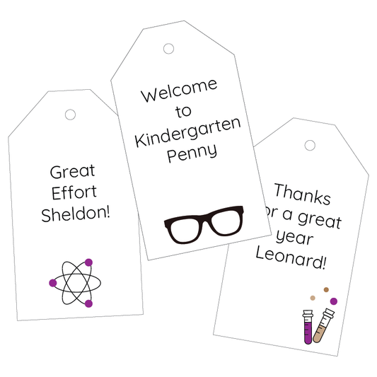 Three personalised gift tags with different messages and science graphics on a white background.