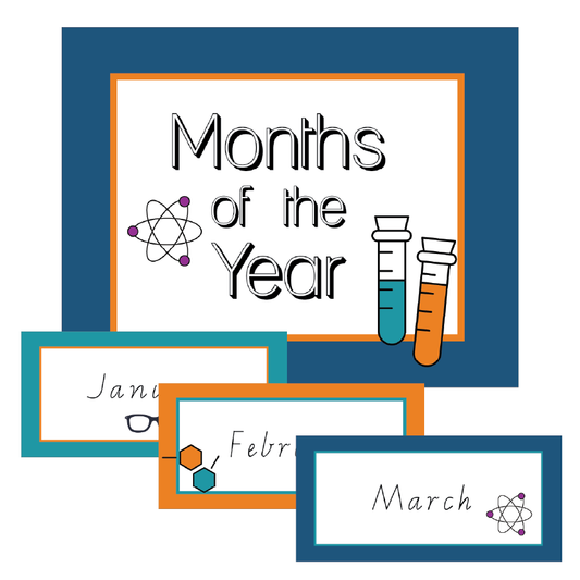 Educational posters with months of the year and science-themed graphics on a white background.