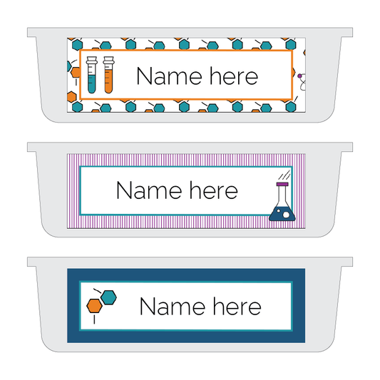 Three name labels with scientific-themed designs on a white background
