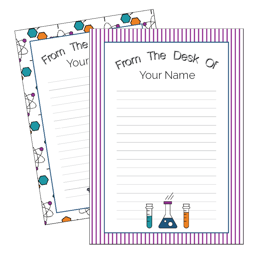 Two sheets of lined paper with decorative science theme borders and text, one on a white background.
