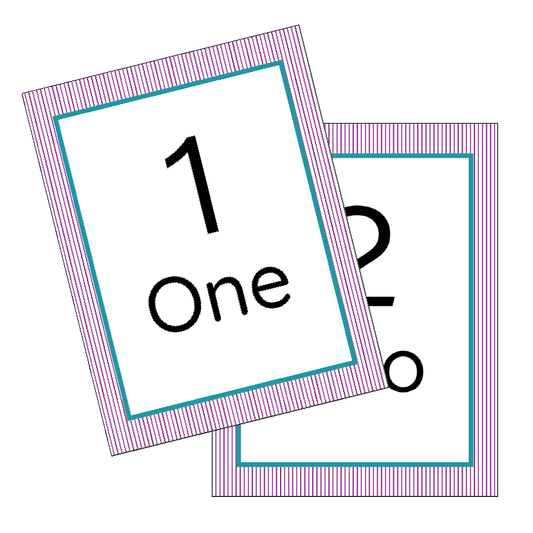 Two educational cards with numbers and letters on a white background