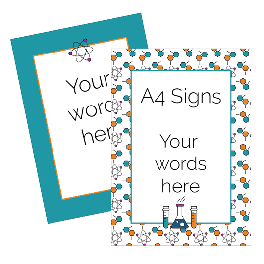 Two science themed A4 sign templates with customisable text areas on a white background