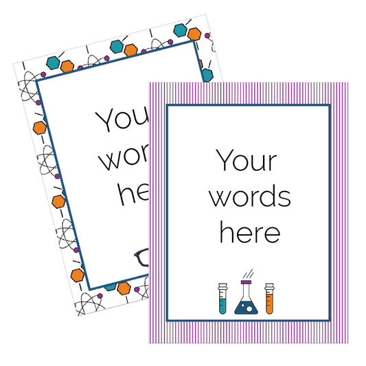 Two customisable posters with text placeholder and science-themed borders.