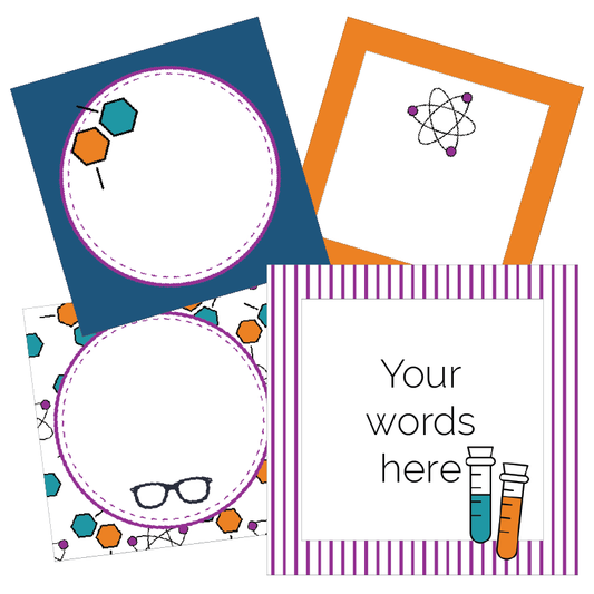 Four educational-themed cards with geometric shapes, glasses, and test tubes on a white background.