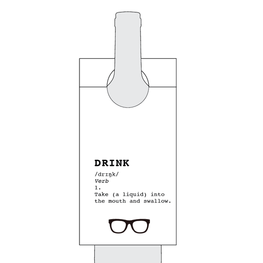 Grey bottle with black text and glasses icon on a white background