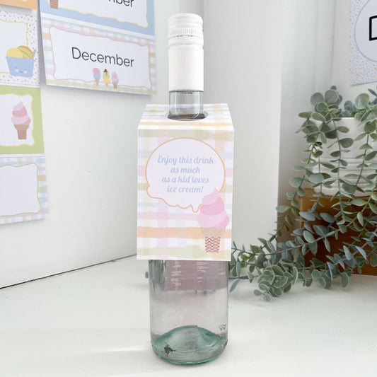 Wine bottle with printed decorative label in an ice cream theme. 
