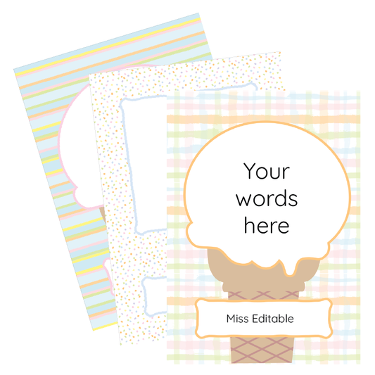 Pastel-coloured stationery set with customisable text area on a white background