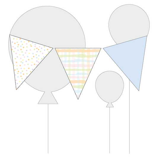 Pastel coloured bunting flag with patterns on a white background
