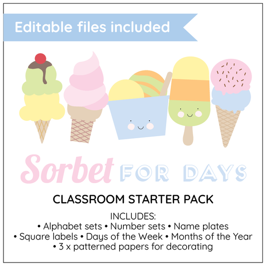 Classroom starter pack with ice cream-themed decor elements on a white background.